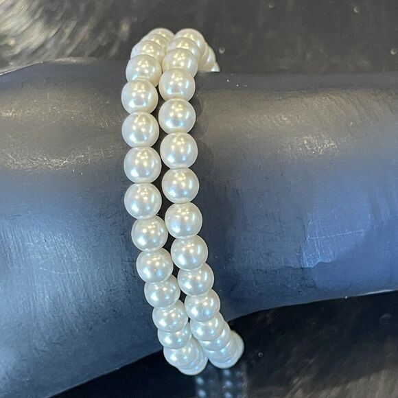 Vintage Napier Bracelet Faux Pearl Double Strand Gold Tone Pat Number 7” - Picture 1 of 6